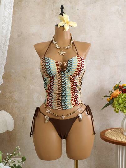 Swim Chiccia Bộ bikini nữ mùa xuân/hè dệt kim jacquard không gọng, áo croptop hai dây và quần bơi buộc dây bên hông, thích hợp cho kỳ nghỉ biển.