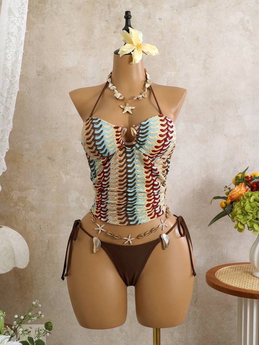 Bellisia Bộ bikini nữ mùa xuân/hè dệt kim jacquard không gọng, áo croptop hai dây và quần bơi buộc dây bên hông, thích hợp cho kỳ nghỉ biển. - Nhiều màu - Xem 1