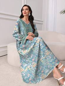 SHEIN Najma 大码女式梦幻花卉刺绣复古印花V领长袖优雅阿拉伯风格长款连衣裙，春夏款 - 彩色 - 查看 4