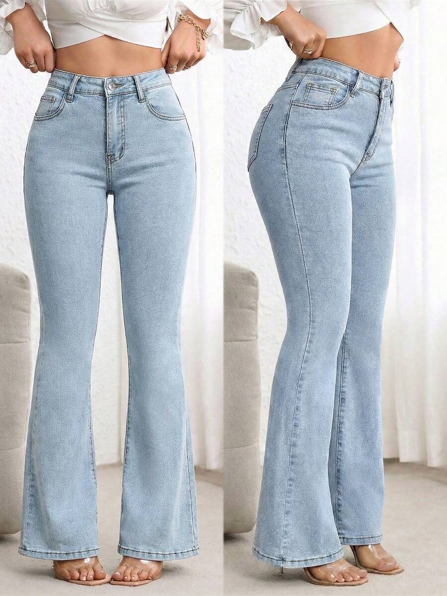 SHEIN PETITE Women's Casual Everyday Washed Flared Jeans With Slant Pockets - Light Wash - View 1