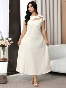 Feyla Vestido de manga corta con cuello redondo y decoración de estrella de cinco puntas en talla grande de unicolor - Albaricoque - Ver 7