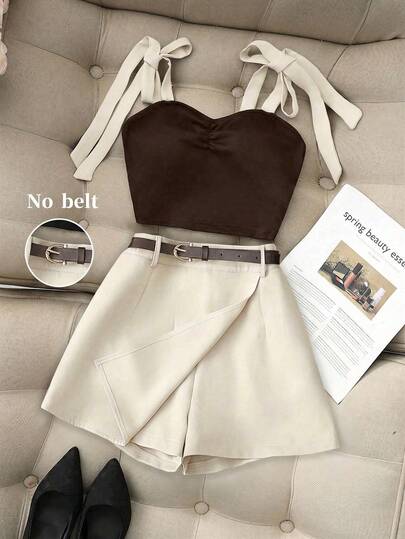 Resyla Nouveau ensemble 2 pièces d'été sexy, débardeur à fines bretelles, nœud papillon contrastant à l'avant, Top court plissé + short kaki, short ceinturé, tenue femme 2 pièces printemps/été, ensemble 2 pièces décontracté d'été, convient pour les vacances, les sorties