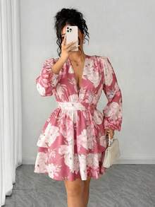 Elenzga Plus Size Women Floral V-Neck Petal Sleeve Double Ruffle Hem Dress - Dusty Pink - View 4