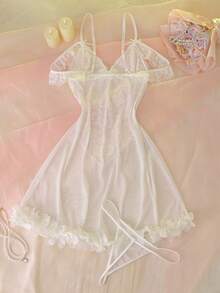 DelicateAllure 2pcs Romantic Lace Patchwork Mesh Sexy Dress Set - White - View 8