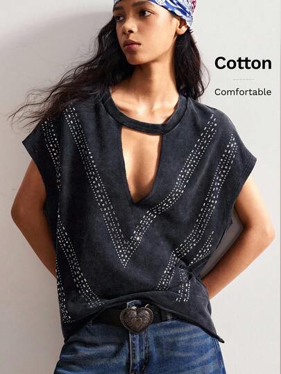 Bohemela Plus Size Graphic Print Hollow Out Loose Short Sleeve T-Shirt