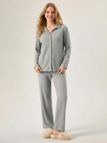 Loomlin PETITE SIZE Rib Knitted 100%Cotton Shirt Style Buttoned Striped Dark Blue 2 Pieces Pajama Set - Grey - View 4
