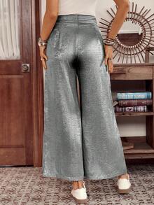LanaWest New Shiny Fashion Casual Elegant Retro Luxury Commute Party Women's Metal Effect Pleated Decor Music Festival Pants, Christmas - Silver - View 2