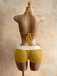 Mistrie 女士黄色吊带比基尼上衣和红色花卉蝴蝶结修身性感度假毛衣两件套，春夏款 - 黃色 - 查看 2