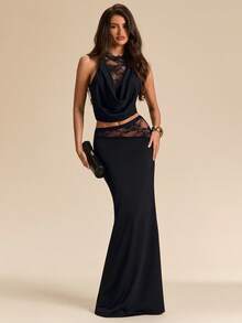 SHEIN BAE 1. Women's Black Knit & Contrast Lace 2 Pieces Set, Dress 2 Pieces Set, Black 2 Pieces Set, Spring/Summer - Black - View 1