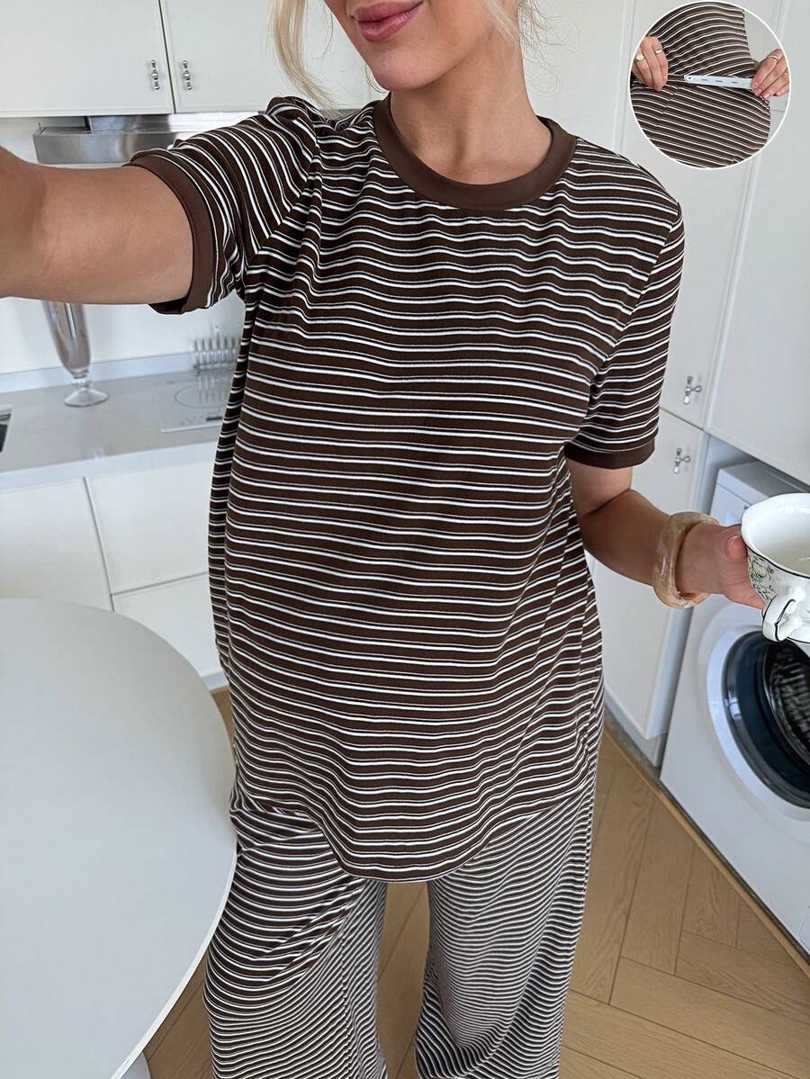 SHEIN 2pcs Maternity Striped Round Neck Short Sleeve Top And Pants Set - Brown - View 1
