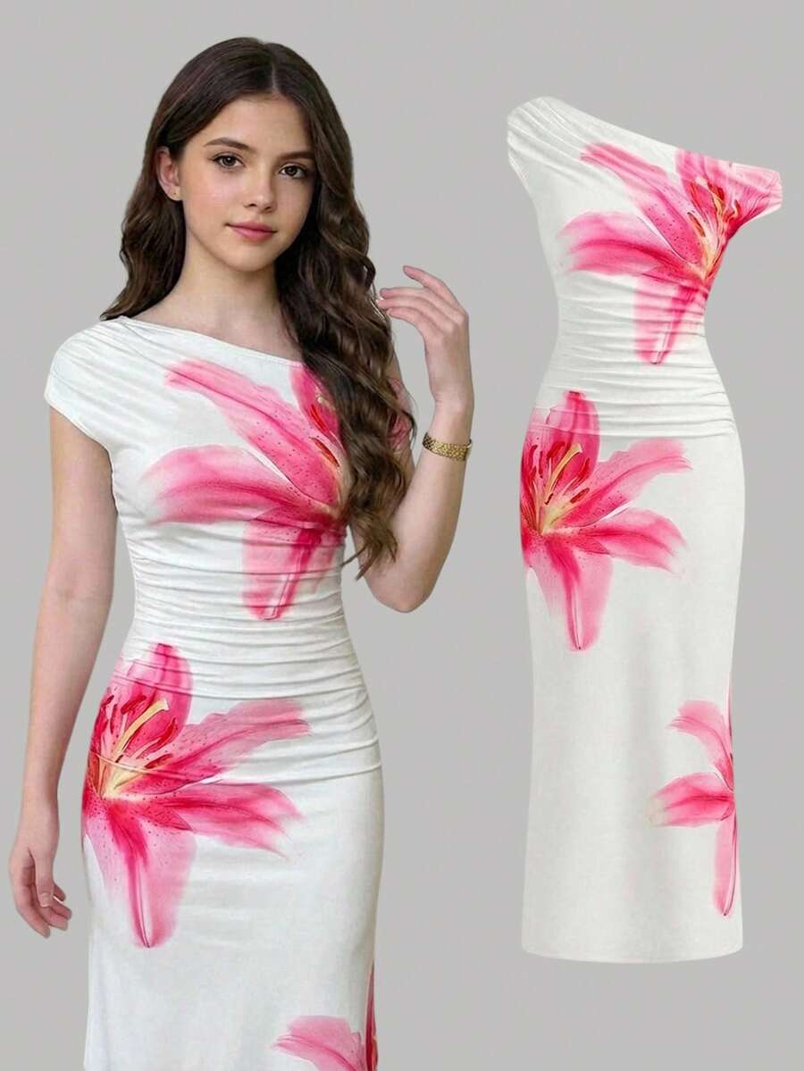 SHEIN Girlism 少女休闲优雅舒适波西米亚热带花卉不对称肩部褶皱腰部针织纯色开衩连衣裙,针织不对称肩部褶皱腰部简约优雅休闲修身长款连衣裙 - 白色 - 查看 1
