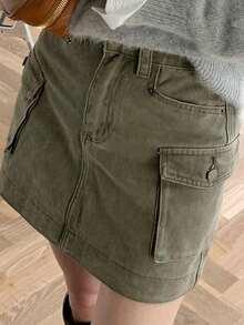 DAZY Chân váy ngắn denim tiện dụng, tôn dáng cho phụ nữ - màu xanh lá - Xem 3