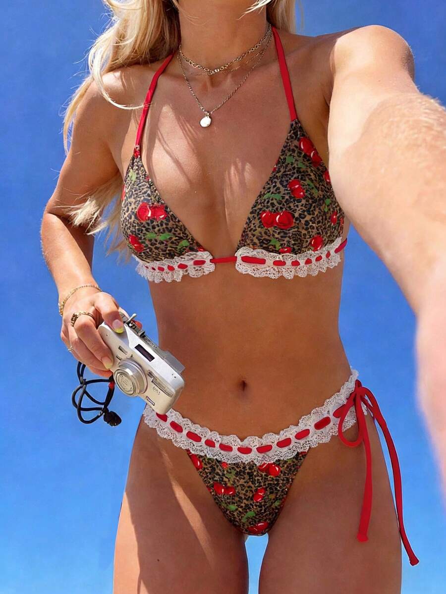 Swim Mod 2pcs/Set Funny Beach Vacation Leopard Print & Fruit Pattern Lace-Up Halter Top + Leopard Print & Fruit Pattern Lace-Up Waist Pants, Hot Selling Spring/Summer,Weddings & Events, Lace Trim Bikini, Cherry Print Bikini,Valentine's Day - Multicolor - View 1