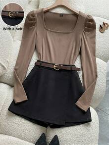 SHEIN Franclia Women's Casual And Elegant Coffee Brown Square-Neck Puff-Sleeve Ribbed Slim-Fit Top+Black Short Loose Culottes With Belt,Suitable For Daily Wear Party And Romantic Dates,Vacation Short Skirt Belted Skirt Top And Skirt Set Puff Sleeve Top Tops For Women Elegant Puff Sleeve Top Women Full Sleeve Tops Blouses For Women Elegant For Party Women's Skirt And Top Set Women Elegant Outfits Tops For Women Elegant Classy Women's Long Sleeves Tops Office Dresses For Ladies - Coffee Brown - View 3
