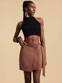 Travachic 波西米亚风休闲度假沙滩短裤，腰部系带，荷叶边装饰，适合女性，秋季女装，秋装 - 棕色 - 查看 8