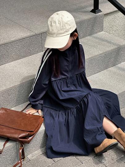 DAZY 年轻女孩侧条纹装饰中长款韩版休闲连衣裙秋冬