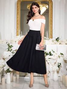 Modelyn Elegant Commuter Waist Folding Women's Skirt - Black - View 6