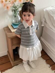 DAZY 女童条纹领连衣裙，韩版 - 灰色 - 查看 7