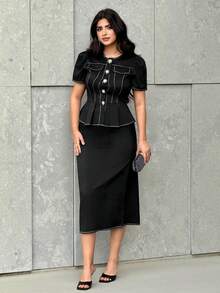 Modelyn Women's Elegant Commuter Shirt And Skirt 2 Pieces Set - Black - View 5