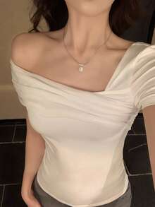 DAZY 韩版简约精致网纱拼接露肩上衣，百搭时尚夏季外出上衣 - 白色 - 查看 1