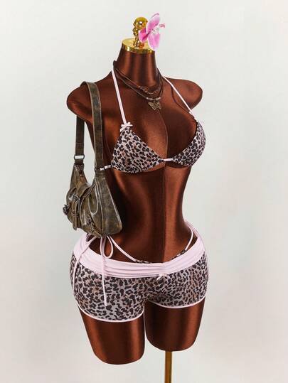 Amplova 2pcs Women's Bra And Shorts Set, Reversible Waistband, Contrast Color Leopard Print, Sexy & Fashionable, Suitable For Vacation