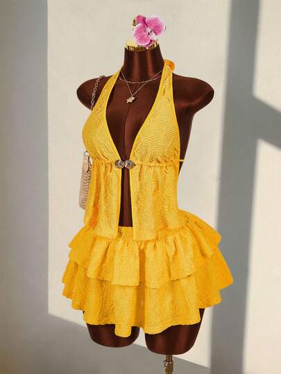 Amplova Camiseta sin espalda con cuello halter, decoración metálica, escote en V, volantes, de unicolor y textura, adecuada para la playa, vacaciones, citas, té de la tarde, festivales de música, estilo bohemio