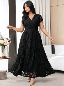 Feyla Vestido elegante de manga corta con cuello en V de unicolor y parches de encaje para tallas grandes - Negro - Ver 7