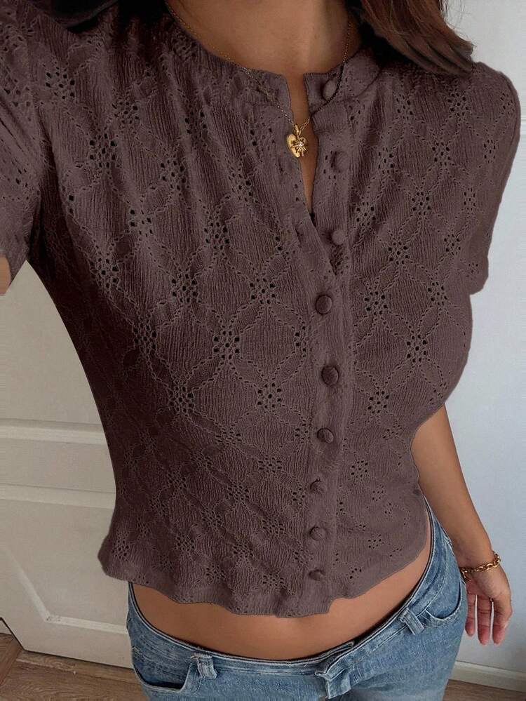 Women's Textured Plaid Round Neck Cropped T-Shirt, Brown, Fashionable Basic Tee, Long Sleeve, Suitable For Spring & Summer Y2k
