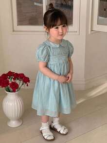 DAZY Baby Girl Sweet Peter Pan Collar Petal Sleeve Vacation Style Princess Party Dress, Summer - Blue - View 4