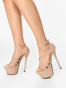 Glitzique 女士交叉防水台細高跟涼鞋,時尚露趾踝帶平底涼鞋 - 杏色 - 查看 1