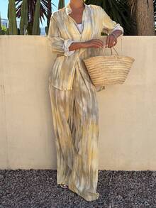 Livesso 2pcs Women's Spring Vacation Tie-Dye Collar Shirt And Casual Pants Set - Beige - View 5