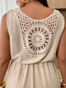 Lounesse Plus Size Women's Casual Beach Vacation Jumpsuit,Khaki,Summer,Boho,Holiday,Solid Color Patchwork Crochet Drawstring Waist Sleeveless Two Piece Set - Khaki - View 4