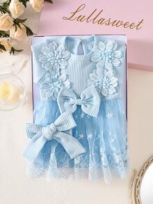 SHEIN 新生女婴白色腋下条纹立体刺绣花朵蝴蝶结拼接网纱连衣裙和发带两件套，秋冬新款优雅，适合户外拍摄 - 藍色 - 查看 1