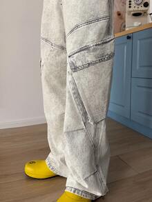 STEELVANCE Vintage Casual Loose Straight Leg Jeans With Multiple Pockets, Distressed Design, Versatile Streetwear Grey Baggy Jeans - Grey - View 6