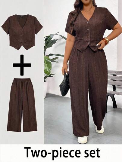 SHEIN Frenchy Women's Plus Size Solid Color V-Neck Single-Breasted Short Sleeve Top And Wide Leg Pants Casual Suit Set