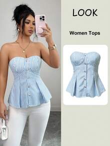 SHEIN Elenzya Best-Selling Women's Blue & White Striped Cropped Camisole Top With Waist Cinching Design, Metal Decor, Casual Elegant Sleeveless Vest - Blue and White - View 4