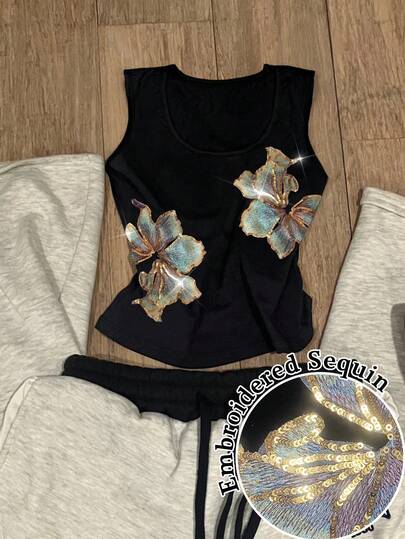 Glimmora Áo ba lỗ nữ, thêu hoa kiểu cổ điển, đính sequin, thích hợp mặc đi dự tiệc, áo ba lỗ nữ cỡ lớn, áo ba lỗ nữ cỡ lớn mùa xuân/hè 2026 mới.