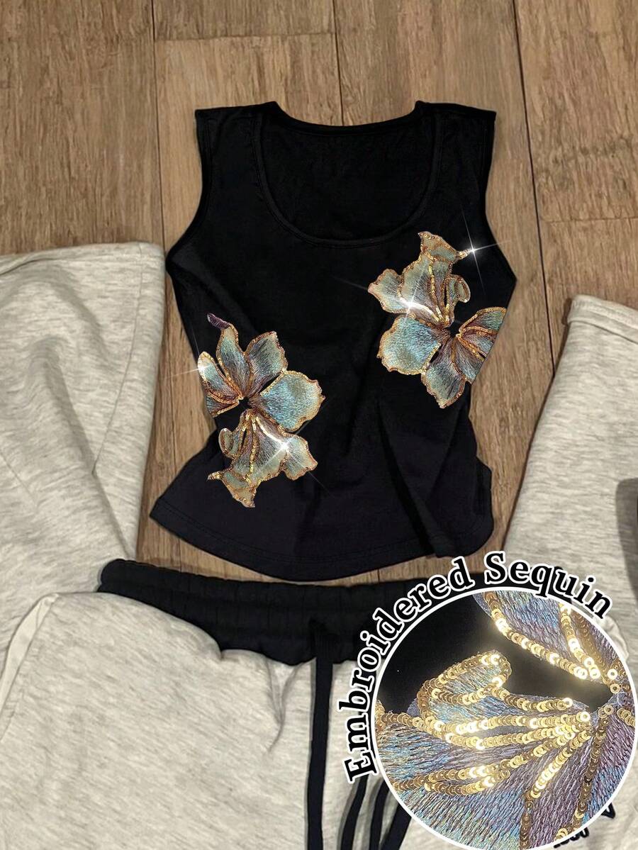SHEIN Áo ba lỗ nữ, thêu hoa kiểu cổ điển, đính sequin, thích hợp mặc đi dự tiệc, áo ba lỗ nữ cỡ lớn, áo ba lỗ nữ cỡ lớn mùa xuân/hè 2026 mới. - màu đen - Xem 1