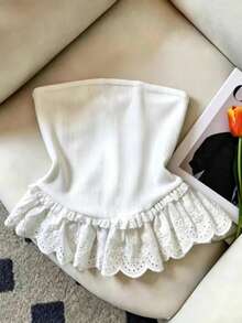 GlowEve New Spring/Summer Sweet & Spicy Elegant Casual Bandeau Embroidered Double Ruffle Splice Button Camisole Top, Designed Specifically For Women - White - View 2