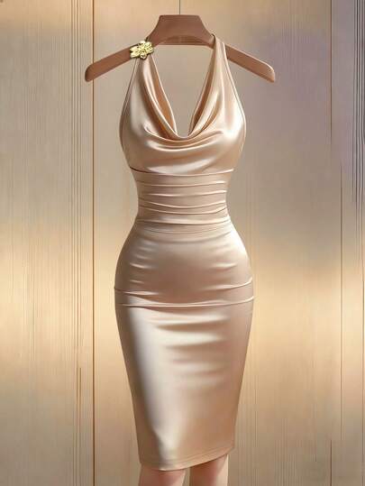 Franclia Fashionable Sexy Halter Metal Flower Decor Backless Waist Fitted Satin Commuter Dress For Ladies