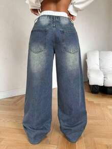 Quần jeans ống rộng dáng suông SHEIN PETITE dành cho nữ, kiểu dáng denim xanh cạp thấp gợi cảm, quần jeans kiểu "mẹ", trang phục cao bồi nữ, quần jeans rộng thùng thình, quần jeans vintage rộng, quần nữ mùa đông. - Rửa trung bình - Xem 2