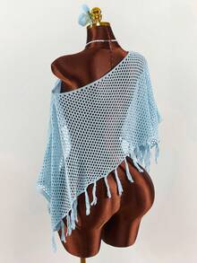 Amplova Women's Knitted Fringe Cover Up Top, Asymmetrical Hem Pullover, Sexy & Avant-Garde, Suitable For Holiday Wear, Shiny Blue Summer Clothes Women - Blue - View 13