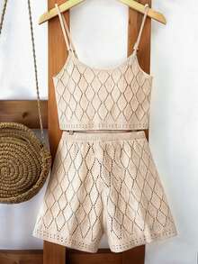 Franclia New Sexy Hollow Camisole Design Bohemian Style 2 Pieces Knit Sweater Set, Suitable For Beach Holiday, Summer - Khaki - View 2