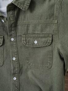 Manfinity Joysei 男士修身橄榄绿美式休闲牛仔夹克 - 軍綠色 - 查看 3