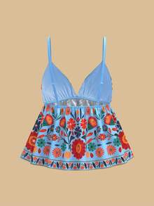 SHEIN TRVLCHIC Áo hai dây dệt in họa tiết phong cách thường ngày dành cho nữ, thích hợp cho kỳ nghỉ hè. - Màu xanh lam - Xem 2