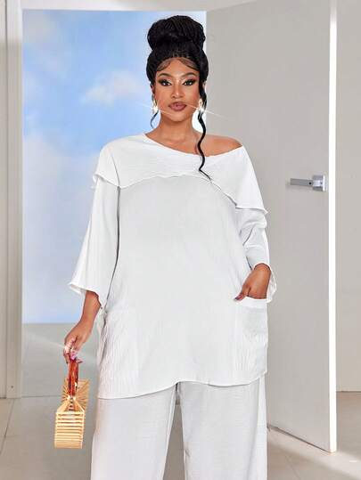 Maweii Plus Size Women's Casual Oblique Shoulder Blouse And Wide Leg Pants 2 Pieces Set, Suitable For Vacation And Daily Wear