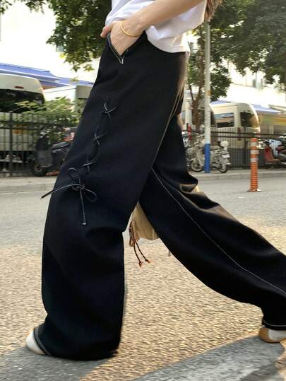 FRIFUL 女士纯色系带直筒宽松休闲牛仔裤，带口袋