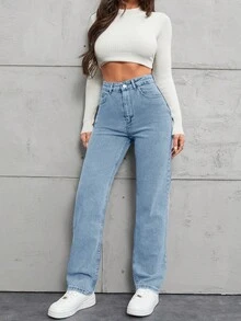 EURMUSE Women's Casual Everyday Pockets Button Jeans - Baby Blue - View 1