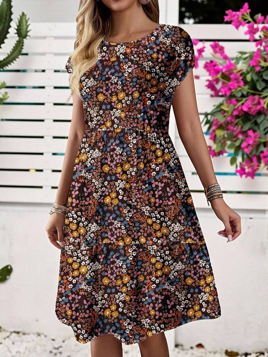 EMERY ROSE Casual Loose Ditsy Floral Round Neck Short Sleeve Midi Dress For Women, Suitable For Summer,Casual