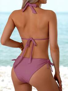 Swim Vcay Swimsuits For Woman Summer Beach Mono Bikini Set Tie Backless Halter Wireless Bra & Tie Side Bottom 2 Pieces Bikini - Lilac Purple - View 2